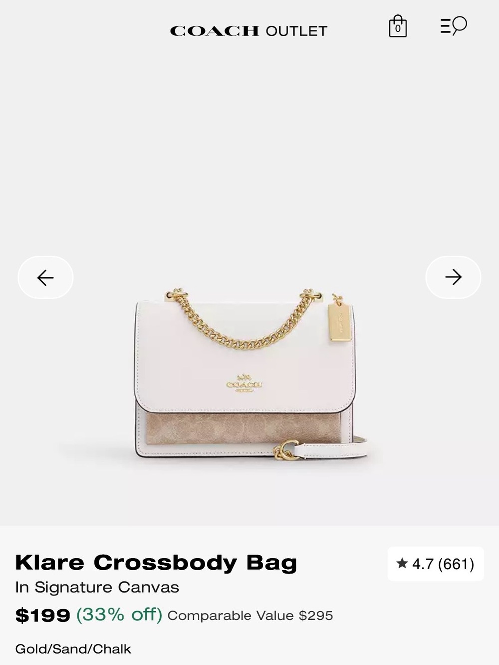 Coach Klare Crossbody Bag in Chalk & Sand with Gold Hardware